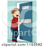 Poster, Art Print Of Happy Brunette Caucasian Boy Pushing Open A Door