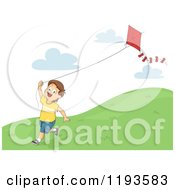 Poster, Art Print Of Happy Brunette Caucasian Boy Running Down A Hill With A Kite