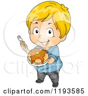 Poster, Art Print Of Happy Blond Caucasian Boy Holding Up A Plate Of Pancakes