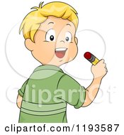 Poster, Art Print Of Happy Blond Caucasian Boy Writing With A Pencil