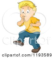 Blond Caucasian Boy Gesturing To Be Quiet And Tip Toeing