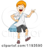 Cartoon Of A Happy Red Haired Caucasian Boy Walking And Pointing With A Bag On His Shoulder Royalty Free Vector Clipart