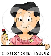 Cartoon Of A Happy Girl Holding A Pencil Over A Sign Edge Royalty Free Vector Clipart