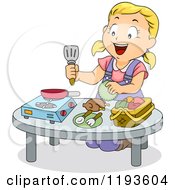 Cartoon Of A Happy Blond Girl Playing In A Toy Kitchen Royalty Free Vector Clipart