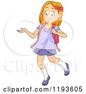 Cartoon Of A Happy School Girl Walking And Presenting Royalty Free Vector Clipart
