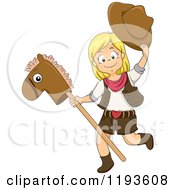 Poster, Art Print Of Happy Blond Cowgirl Playing With A Stick Pony