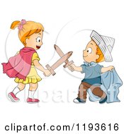 Cartoon Of A Big Sister And Little Brother Playing Swords In Costumes Royalty Free Vector Clipart by BNP Design Studio