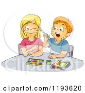 Cartoon Of A Boy Painting A Girls Face With Paint Royalty Free Vector Clipart