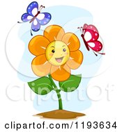 Poster, Art Print Of Happy Flower Mascot With Two Butterflies
