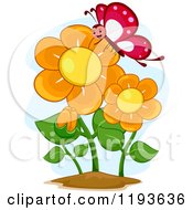 Poster, Art Print Of Happy Butterfly Mascot And Orange Flowers