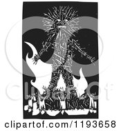 Crowd Around A Giant Wicker Man Black And White Woodcut