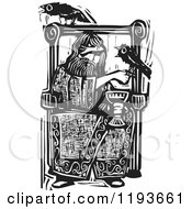 The Norse God Odin Sitting In A Chair With Crows Black And White Woodcut