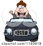 Poster, Art Print Of Waving Chubby Commuting Businesswoman Driving A Convertible Car