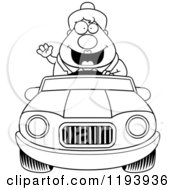 Poster, Art Print Of Black And White Waving Chubby Commuting Businesswoman Driving A Convertible Car