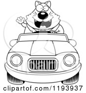 Cartoon Of A Black And White Waving Chubby Business Cat Driving A Convertible Car Royalty Free Vector Clipart