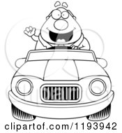 Poster, Art Print Of Black And White Waving Chubby Commuting Businessman Driving A Convertible Car