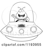 Poster, Art Print Of Black And White Happy Waving Chubby Alien And Flying A Ufo