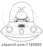 Cartoon Of A Black And White Surprised Chubby Alien Flying A Ufo Royalty Free Vector Clipart