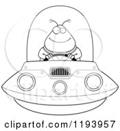 Cartoon Of A Black And White Happy Chubby Alien Flying A Ufo Royalty Free Vector Clipart