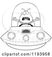 Poster, Art Print Of Black And White Scared Chubby Alien Flying A Ufo