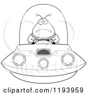 Cartoon Of A Black And White Mad Chubby Alien Flying A Ufo Royalty Free Vector Clipart