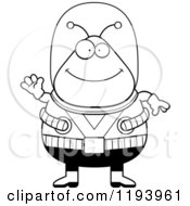 Cartoon Of A Black And White Happy Waving Chubby Alien Royalty Free Vector Clipart