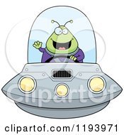Poster, Art Print Of Happy Waving Chubby Alien And Flying A Ufo