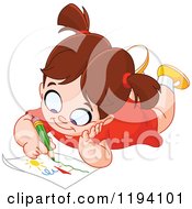 Cartoon Of A Happy Girl Drawing On The Floor Royalty Free Vector Clipart