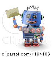 Poster, Art Print Of 3d Happy Blue Robot Holding Up An Envelope