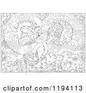 Black And White Line Art Of A Butterfly Over A Bunny Rabbit Gathering Mushrooms In The Woods