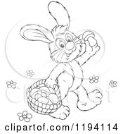 Black And White Line Art Of A Bunny Rabbit Gathering Mushrooms