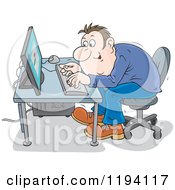 Cartoon Of A Caucaisan Computer Hacker Trying To Bypass A Security Blocker Royalty Free Vector Clipart