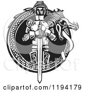 Clipart Of A Knight In A Dragon Frame Black And White Woodcut Royalty Free Vector Illustration