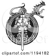 Clipart Of A Knight In A Roaring Dragon Frame Black And White Woodcut Royalty Free Vector Illustration by xunantunich #COLLC1194182-0119