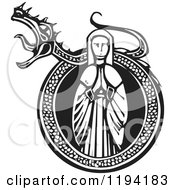 Clipart Of A Praying Maiden In A Roaring Dragon Frame Black And White Woodcut Royalty Free Vector Illustration by xunantunich #COLLC1194183-0119