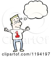 Cartoon Of A Thinking Man In A Team Shirt With The Number One Royalty Free Vector Illustration
