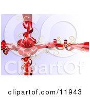 Red Bow With Gold Trim And Curly Ribbons On A Present by AtStockIllustration