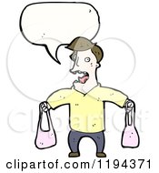 Cartoon Of A Man Speaking And Holding Two Ladies Purses Royalty Free Vector Illustration