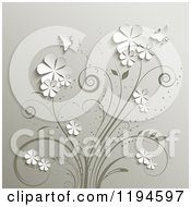 Clipart Of 3d White Flowers And Butteflies Popping Out From Vines Royalty Free Vector Illustration