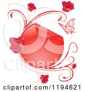 Poster, Art Print Of Reflective Round Red Frame With Flowers Butterflies And Vines