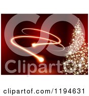 Clipart Of A Gold Sparkle Christmas Tree On Red With Lights Royalty Free Vector Illustration