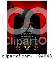 Poster, Art Print Of Black Tombstone With Halloween Party Sample Text And Glowing Halloween Pumpkins And Bats Over Red