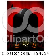 Poster, Art Print Of Black Tombstone Frame With Glowing Halloween Pumpkins And Bats Over Red