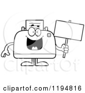 Cartoon Of A Black And White Happy Printer Mascot Holding A Sign Royalty Free Vector Clipart by Cory Thoman