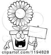Poster, Art Print Of Black And White Happy Flower Pot Mascot Holding A Sign