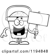 Black And White Happy Beach Pail Mascot Holding A Sign