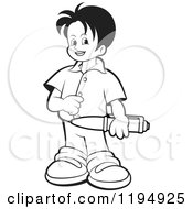 Clipart Of A Black And White Happy School Boy Holding A Pen Royalty Free Vector Illustration by Lal Perera