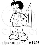 Clipart Of A Black And White Happy School Boy With A Triangel Ruler Royalty Free Vector Illustration