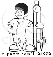 Clipart Of A Black And White Happy School Boy With A Pencil Compass Royalty Free Vector Illustration