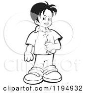 Clipart Of A Black And White Happy Boy Touching His Shirt Royalty Free Vector Illustration
